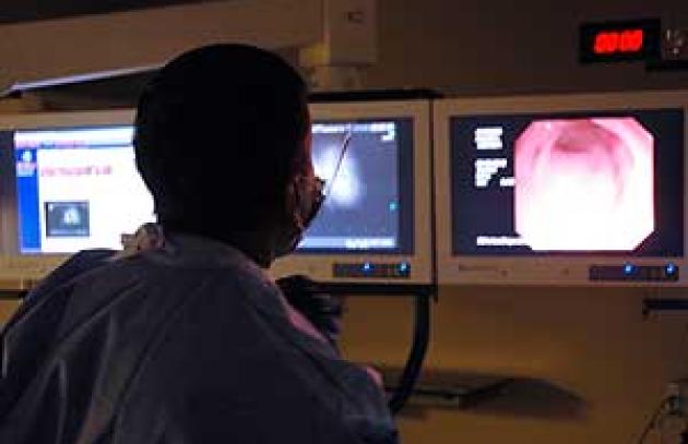 medical professional looking at imaging results on monitor