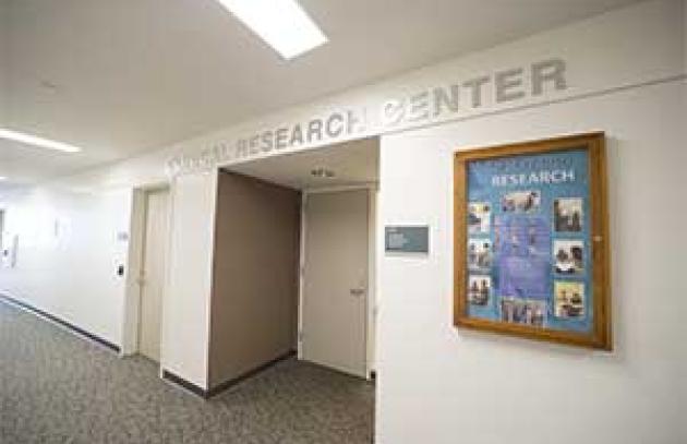 view of Research Center door, from the hallway inside a building