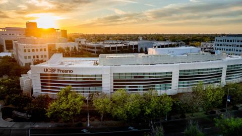 Photo of UCSF Fresno building at sunset