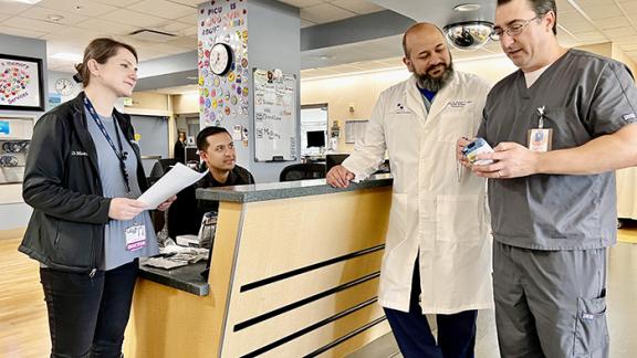 L-R: Diana Malancea, UCSF Fresno pediatric resident; Garrett Partain, RN; Victor Vargas, MD, UCSF Fresno pediatric intensivist and co-director of the PICU at CRMC; Christopher Prince, respiratory therapist