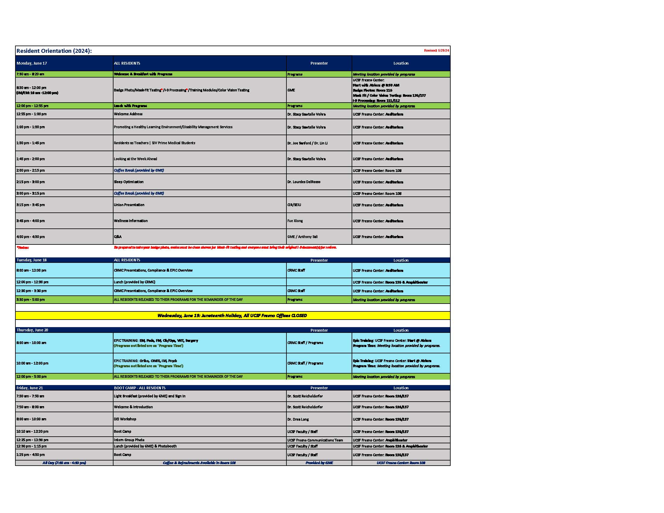 2024 Resident and Intern Orientation Schedule