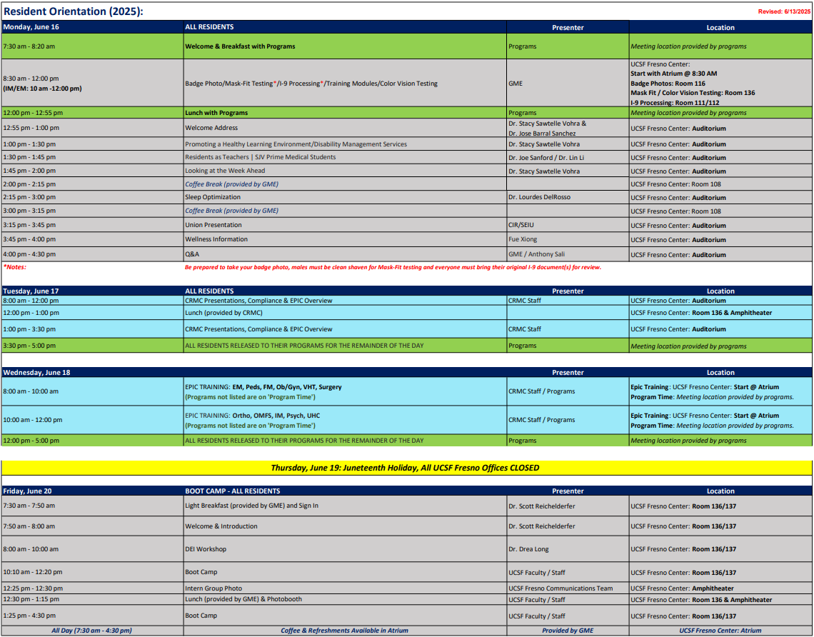 2025 Resident Orientation Schedule