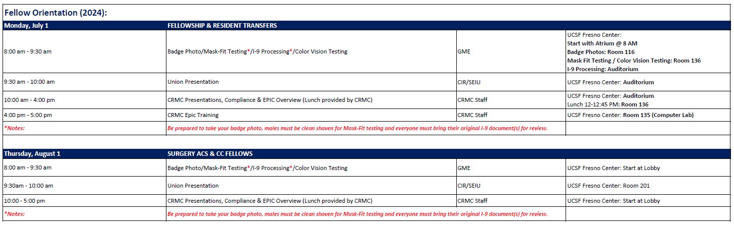 2024 Fellow Orientation Schedule
